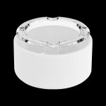 Clear cannabis storage jar with a screw-on lid.