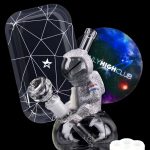 A glass cannabis water pipe shaped like an astronaut, accompanied by a protective case and white fluffy clouds, with a “SAVE $36” banner and “Daily High Club” branding.