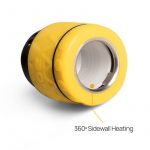 Yellow cannabis vaporizer with a highlighted diagram showcasing 360° sidewall heating technology.