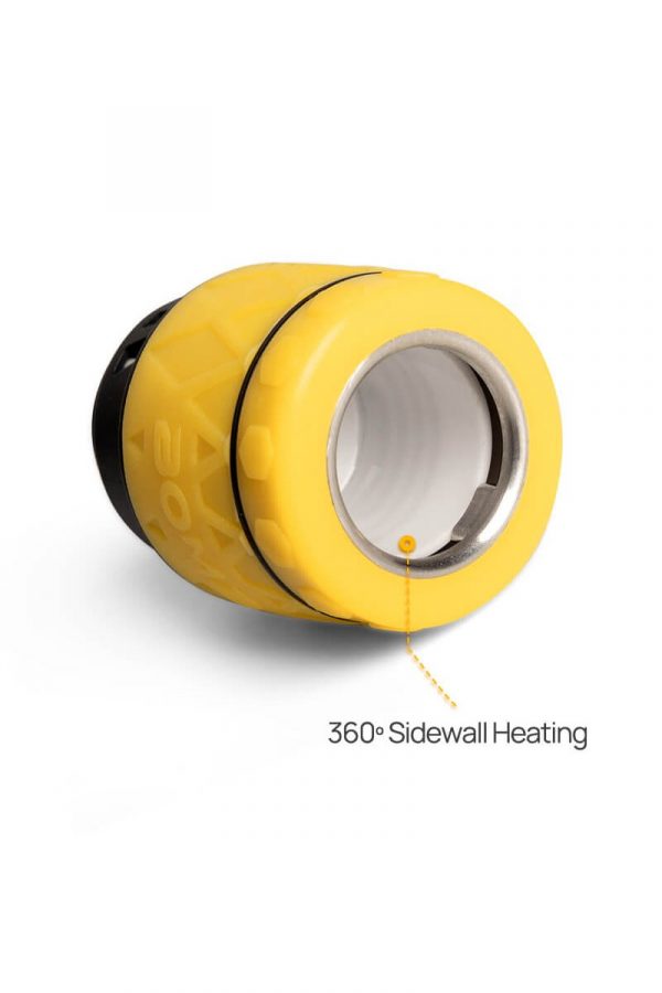 Yellow cannabis vaporizer with a highlighted diagram showcasing 360° sidewall heating technology.