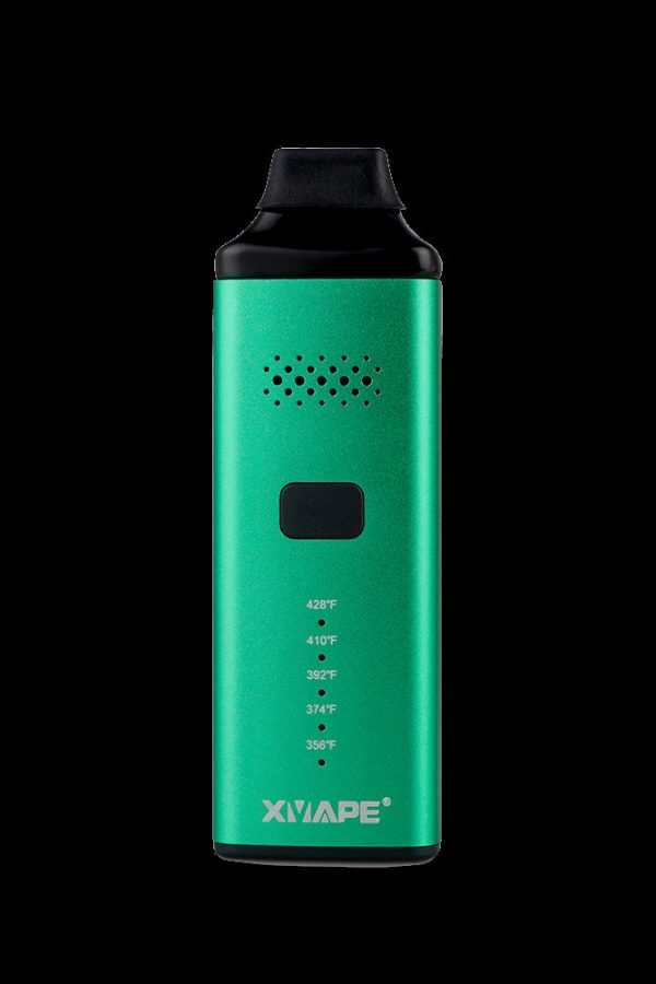 Green XMAX V3 Pro portable vaporizer with temperature settings displayed.
