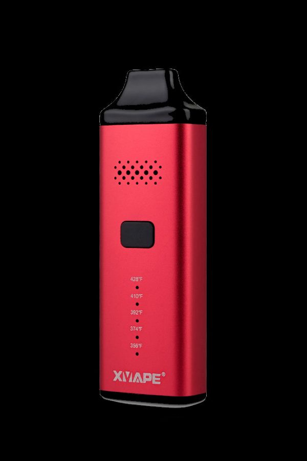 Red XMAXE V3 Pro portable dry herb vaporizer with temperature settings displayed.