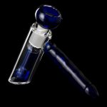 Blue and clear glass oil rig for cannabis concentrate consumption, isolated on a black background.