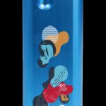 Blue cannabis storage container with abstract geometric designs.