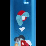 Blue cannabis storage container with abstract geometric design.