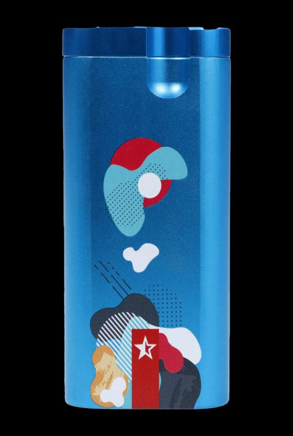 Blue cannabis storage container with abstract geometric design.