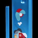 Blue glass cannabis bubbler with abstract geometric design.