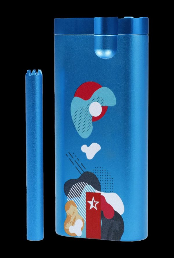 Blue glass cannabis bubbler with abstract geometric design.