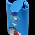 Blue metal pipe with pop art-style cannabis leaf graphics.