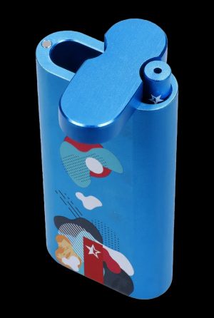 Blue metal pipe with pop art-style cannabis leaf graphics.