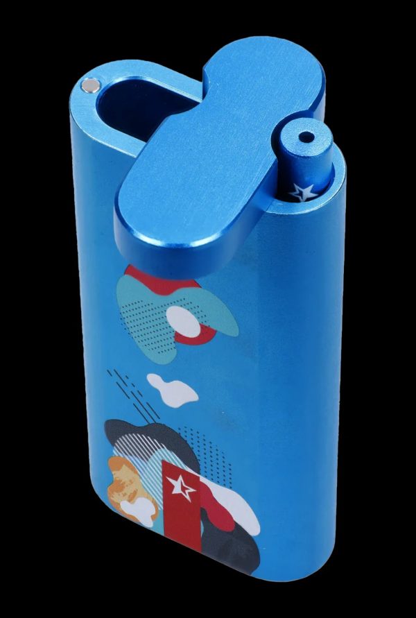 Blue metal pipe with pop art-style cannabis leaf graphics.