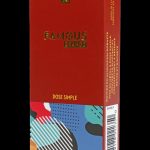 Red aluminum case for a cannabis smoking pipe, branded "Famous Brandz" with colorful geometric patterns.