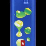 Blue cannabis accessory tube decorated with green, droplet-shaped illustrations and a white star on a red stripe.