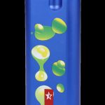 Blue cannabis oil vape pen with green bubble-like designs and a red and white star emblem.