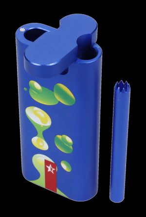 Blue one-hitter pipe with a green cannabis leaf design and a detachable chill stem.