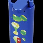 Blue butane lighter with cannabis leaf designs.