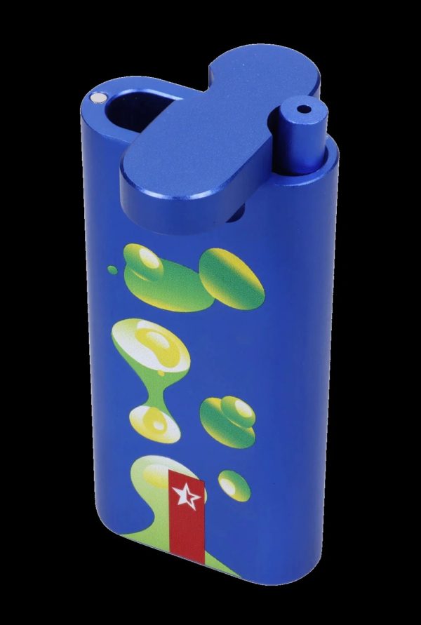 Blue butane lighter with cannabis leaf designs.