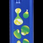 Blue metal container with abstract, luminous green cannabis-leaf-shaped designs.
