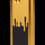 Gold cannabis oil vape pen with dripping black oil design.