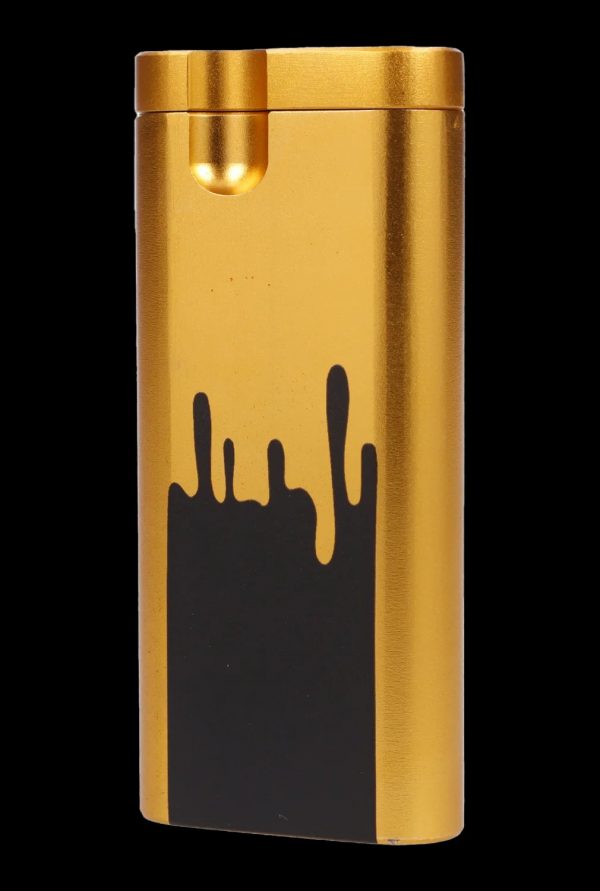 Gold cannabis oil vape pen with dripping black oil design.