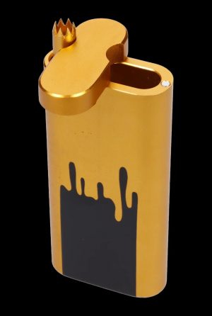 Gold butane lighter with dripping cannabis leaf silhouette.