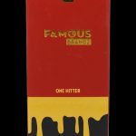 Red and gold packaging for "Famous Brandz One Hitter," featuring a dripping gold design at the base.