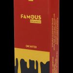 Red packaging for “Famous Brandz” one-hitter with a melting gold drip design and cannabis leaf details.