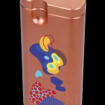 Orange cannabis case with colorful, abstract pop art design.