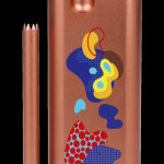 Copper-colored cannabis container and one-hitter with abstract blue, yellow, and red patterned design.