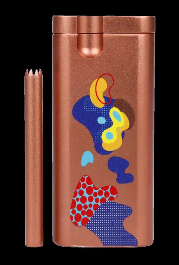 Copper-colored cannabis container and one-hitter with abstract blue, yellow, and red patterned design.