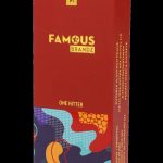 Red packaging for “Famous Brandz” one-hitter, featuring abstract floral designs and product details.
