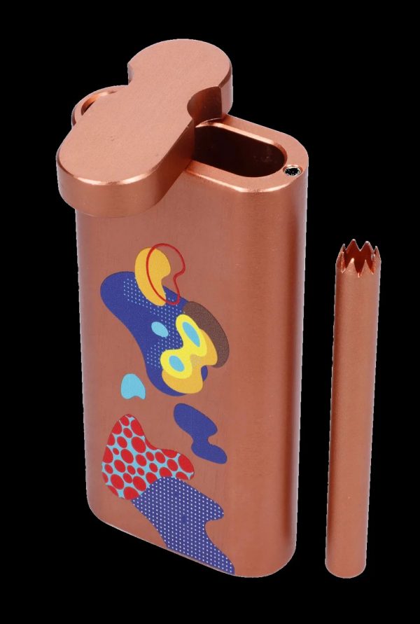 Orange one-hitter pipe with colorful pop art design and metal cleaning pick.