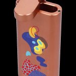Orange one-hitter pipe with abstract colorful graphic.