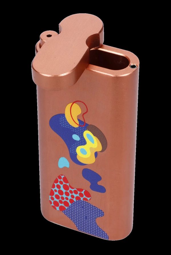 Orange one-hitter pipe with abstract colorful graphic.