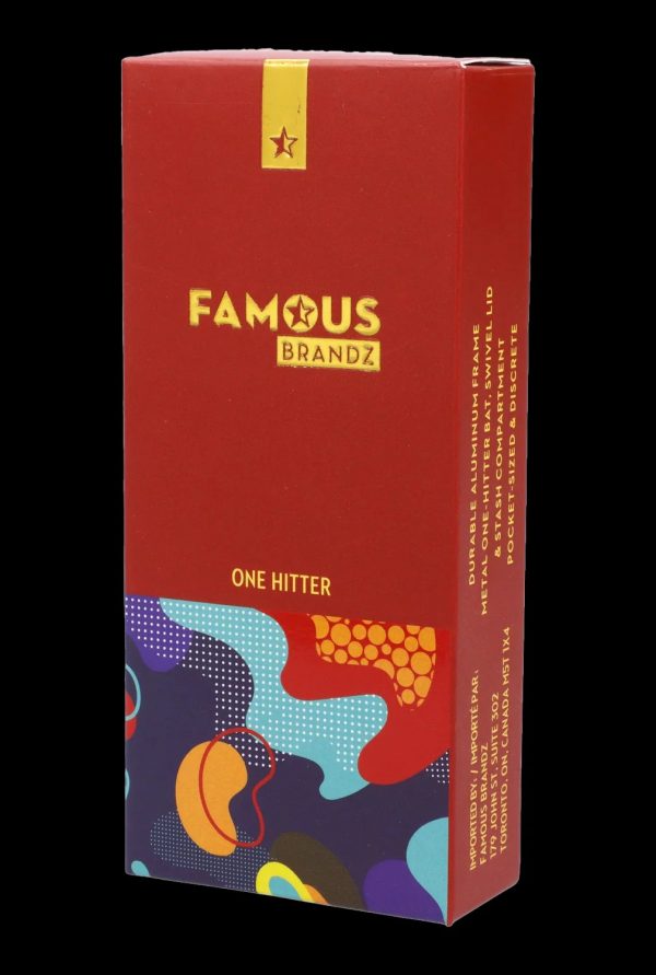 A red box for “Famous Brandz” one-hitter, featuring colorful abstract designs and details about its durable aluminum frame and stash compartment.