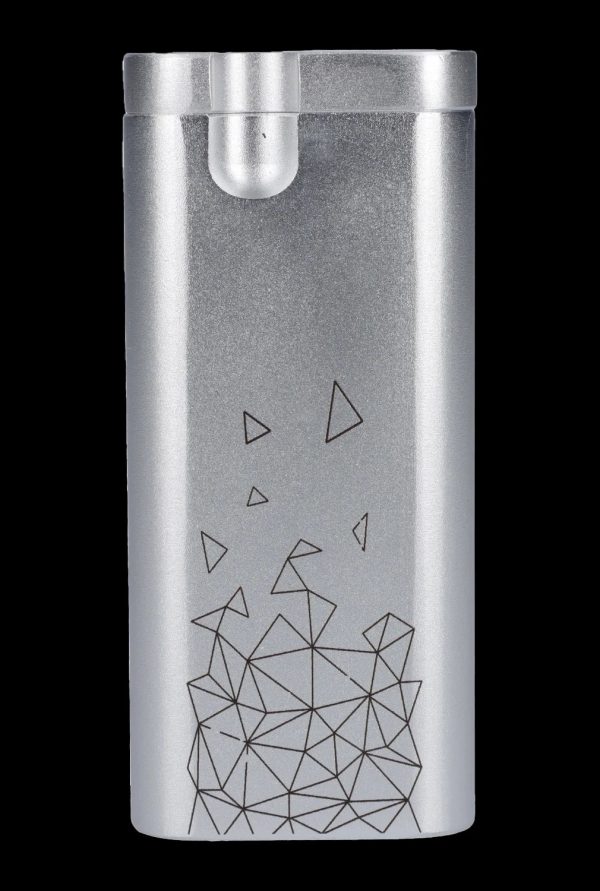 Silver cannabis storage tube with geometric diamond design.