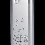 Silver butane lighter with geometric triangle design.