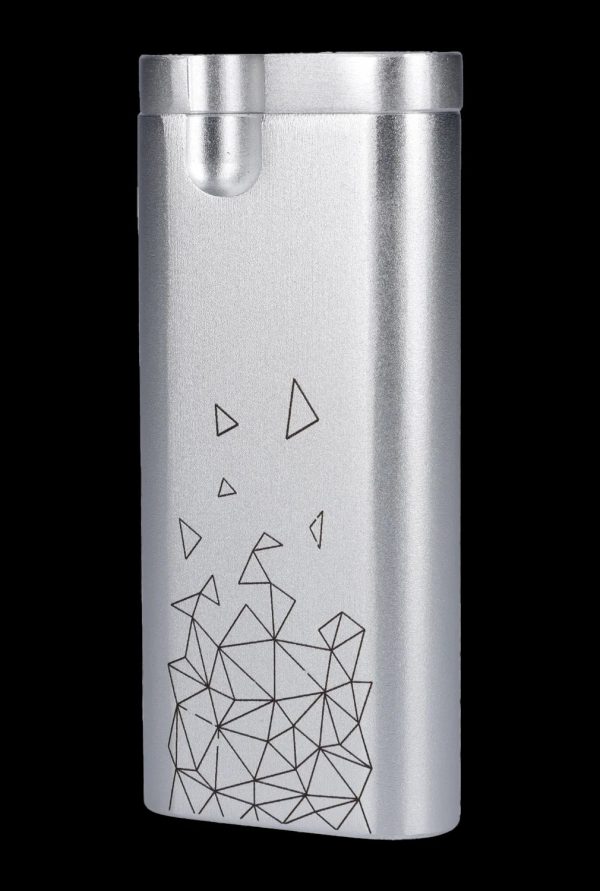 Silver butane lighter with geometric triangle design.
