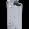 Silver butane lighter with geometric triangle design, commonly used for cannabis consumption.
