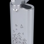 Silver butane lighter with geometric triangle design, commonly used for cannabis consumption.
