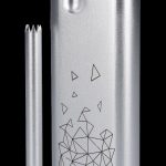 Silver cannabis one-hitter pipe and glass filter tip with geometric design.
