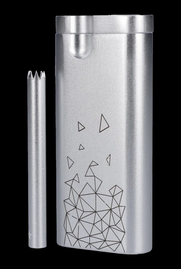 Silver cannabis one-hitter pipe and glass filter tip with geometric design.