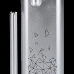 Silver metal cannabis smoking pipe with geometric design and accompanying cleaning pick.