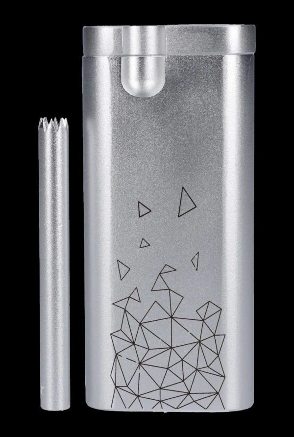 Silver metal cannabis smoking pipe with geometric design and accompanying cleaning pick.