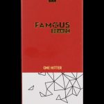 Red packaging for “Famous Brandz” One Hitter, featuring white geometric designs.