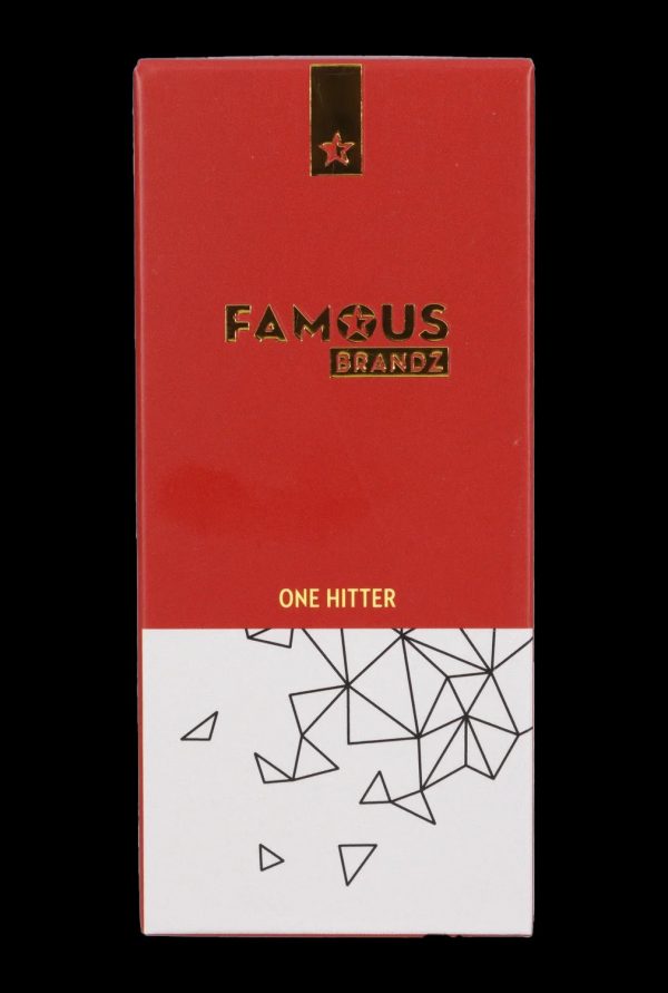 Red packaging for “Famous Brandz” One Hitter, featuring white geometric designs.