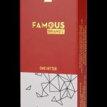 Red packaging for “Famous Brandz” One Hitter, a durable aluminum smoking device with a geometric design.