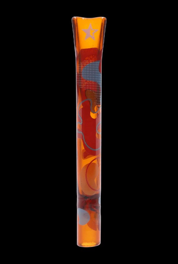 Hand-blown glass cannabis pipe with orange and red swirls.