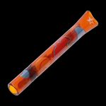 Orange glass blunt with colorful swirls and a star engraving.