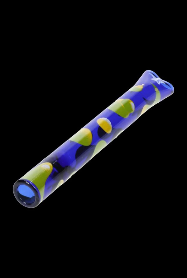 Hand-blown glass pipe with colorful speckled pattern.